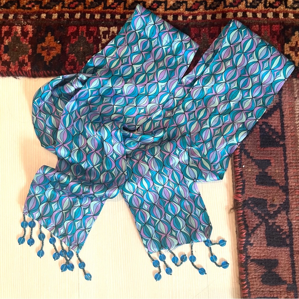 Geometric print beaded art scarf